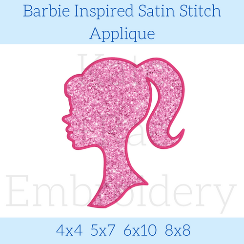 Barbie Inspired Satin Stitch Applique Embroidery Design: Design preview of a pink glitter satin applique silhouette of a girl with a high ponytail, available in 4x4, 5x7, 6x10, and 8x8