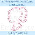 Barbie Inspired Double Zigzag Stitch Applique Embroidery Design: Design preview of a pink double zigzag outline silhouette of a girl with a high ponytail, available in 4x4, 5x7, 6x10, and 8x8