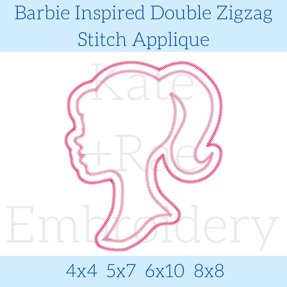 Barbie Inspired Double Zigzag Stitch Applique Embroidery Design: Design preview of a pink double zigzag outline silhouette of a girl with a high ponytail, available in 4x4, 5x7, 6x10, and 8x8