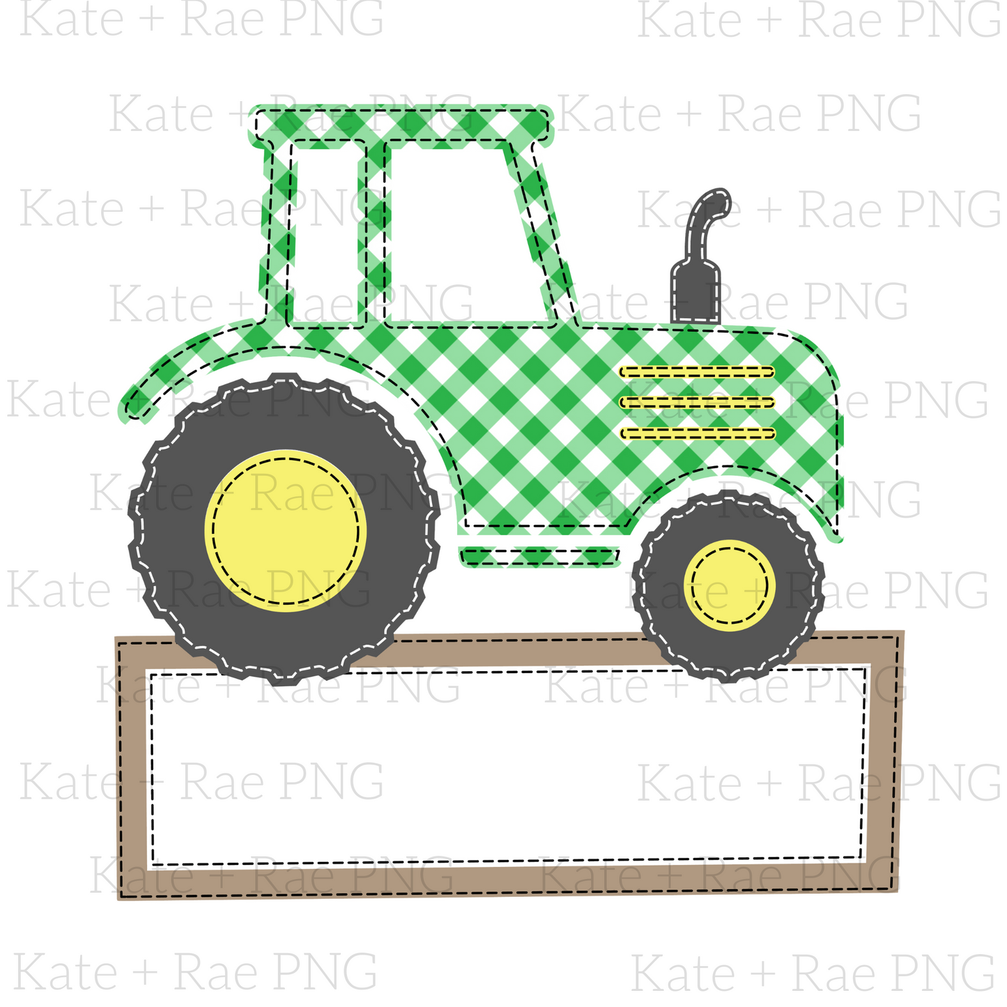 Green Gingham Tractor Faux Applique PNG (Name Plate)