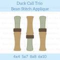 Duck Call Bean Stitch Applique Embroidery Design: Design preview of three bean stitch applique duck calls in tan and green gingham, available in 4x4, 5x7, 8x8, and 6x10