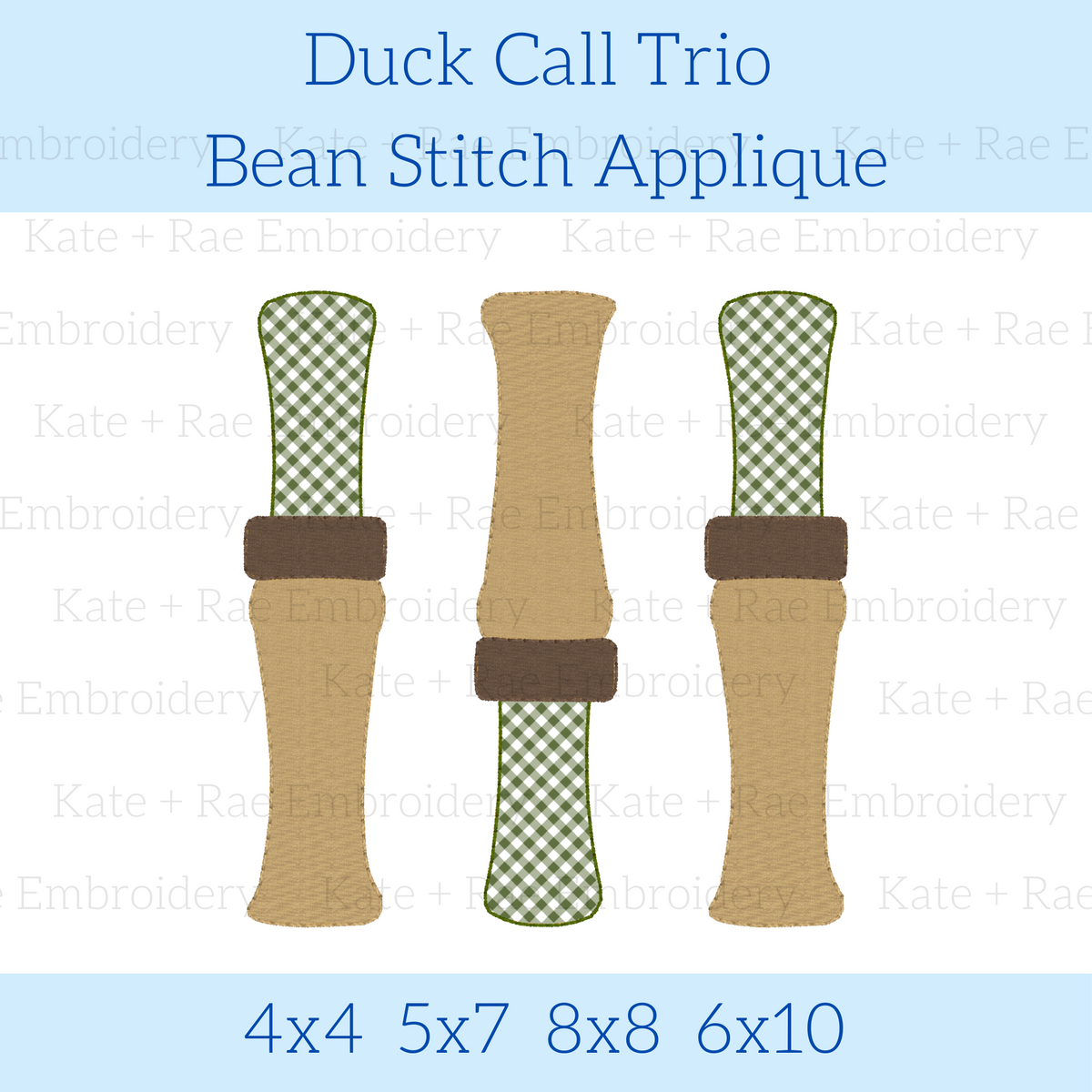 Duck Call Bean Stitch Applique Embroidery Design: Design preview of three bean stitch applique duck calls in tan and green gingham, available in 4x4, 5x7, 8x8, and 6x10