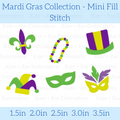 Mardi Gras Mini Fill Stitch Embroidery Design Collection: Design preview of six Mardi Gras mini designs including a fleur de lis, beads, top hat, jester hat, and masks, available in 1.5 to 3.5 inch sizes