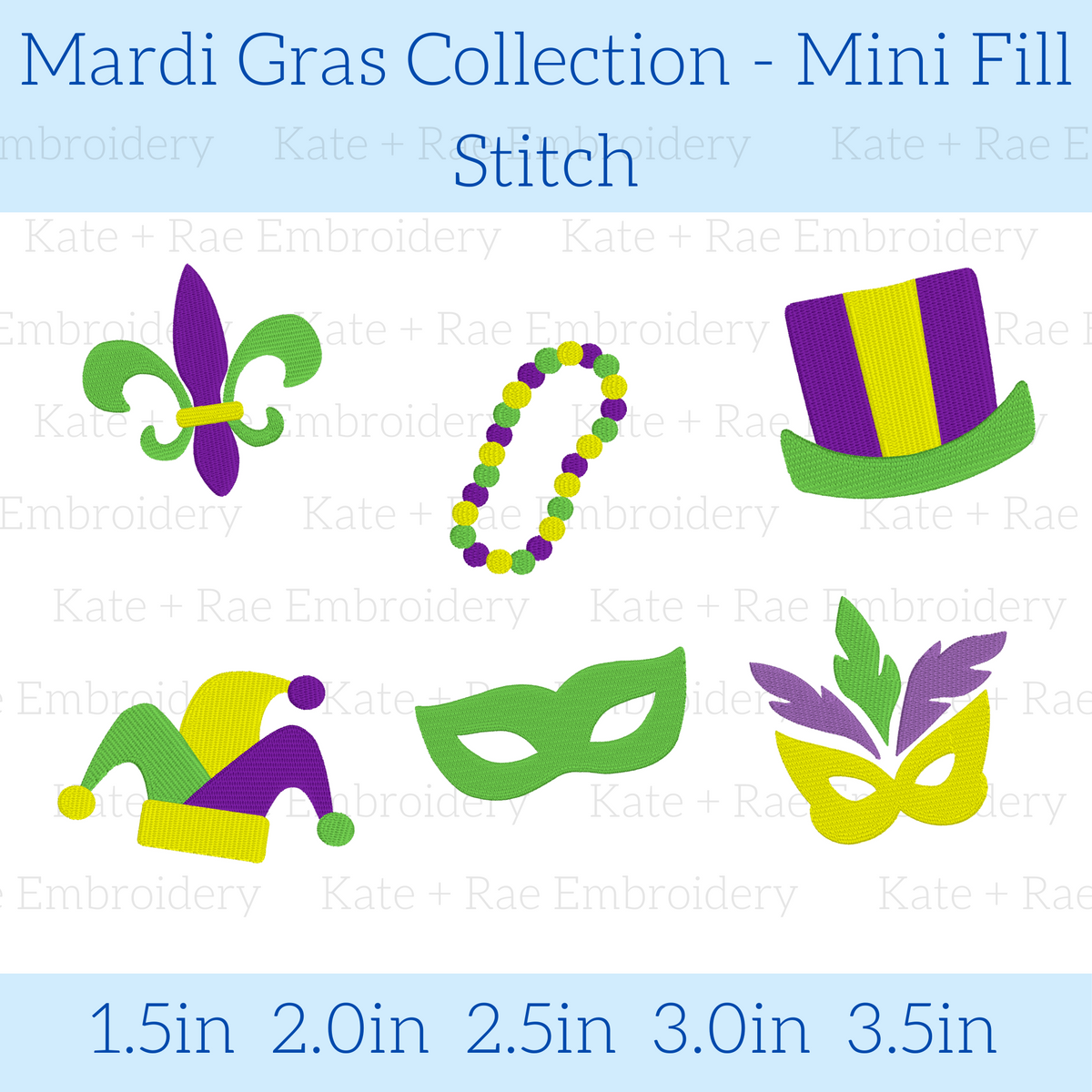 Mardi Gras Mini Fill Stitch Embroidery Design Collection: Design preview of six Mardi Gras mini designs including a fleur de lis, beads, top hat, jester hat, and masks, available in 1.5 to 3.5 inch sizes