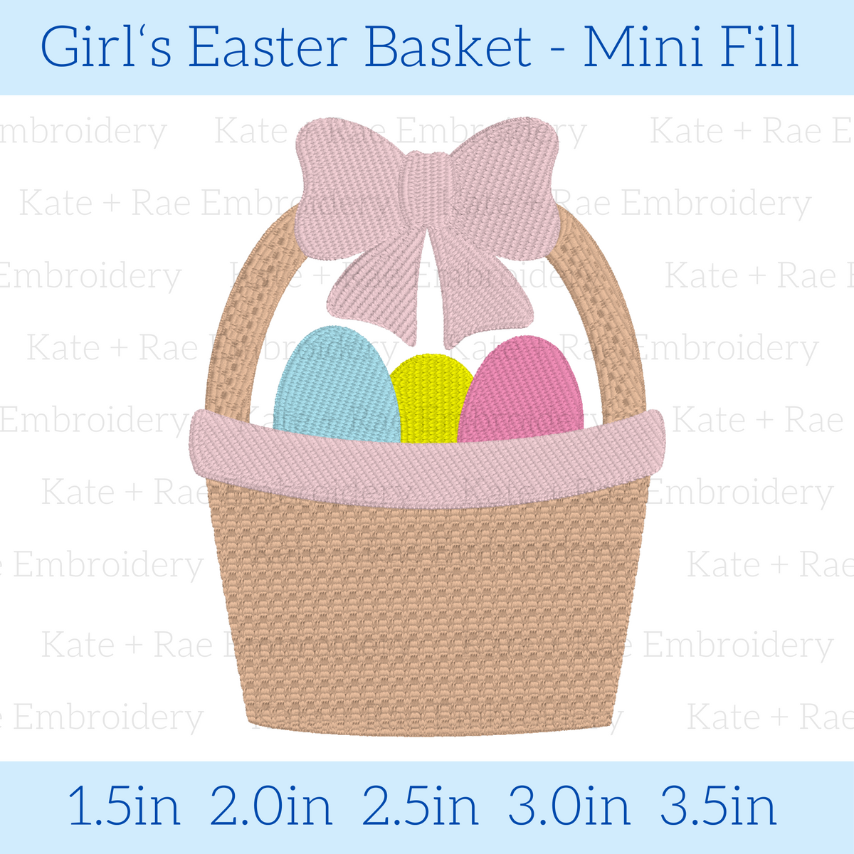 Girl's Simple Easter Basket Mini Fill Embroidery Design: Design preview of a small Easter basket with a pink bow and pastel eggs, available in 1.5 to 3.5 inch sizes