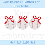 Girl's Baseball Trio with Bows Sketch Stitch Embroidery Design: Design preview of three sketch stitch baseballs with red bows in a row, available in 4x4, 5x7, 6x10, and 8x8