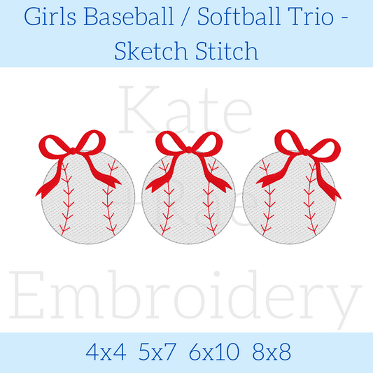Girl's Baseball Trio with Bows Sketch Stitch Embroidery Design