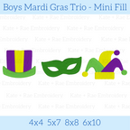 Boys Mardi Gras Fill Stitch Trio Embroidery Design: Design preview of a purple and yellow top hat, green mask, and jester hat, available in 4x4, 5x7, 8x8, and 6x10