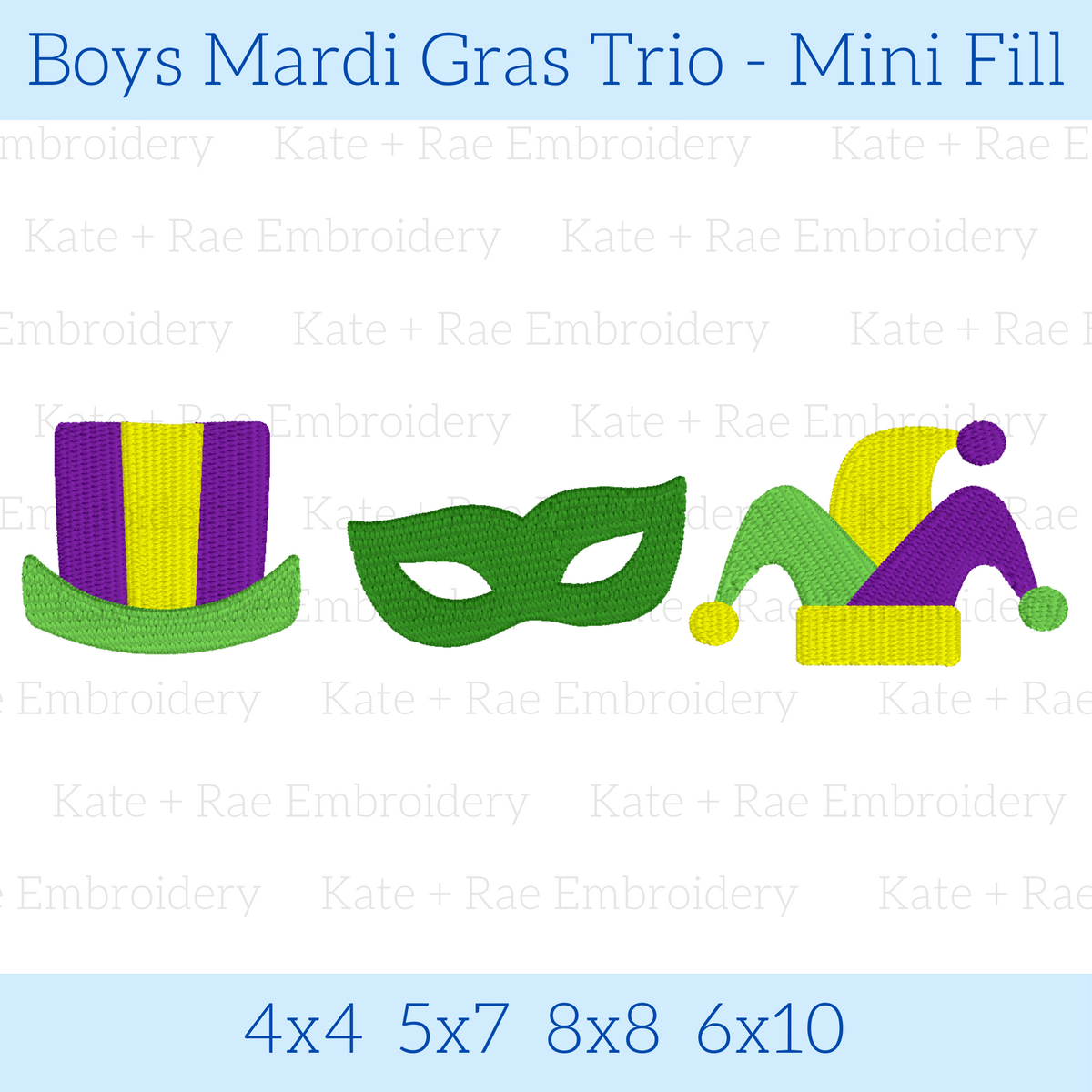 Boys Mardi Gras Fill Stitch Trio Embroidery Design: Design preview of a purple and yellow top hat, green mask, and jester hat, available in 4x4, 5x7, 8x8, and 6x10