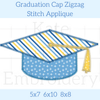 Graduation Cap Zigzag Stitch Applique Embroidery Design: Design preview of a graduation cap with a blue striped top and star print band, available in 5x7, 6x10, and 8x8