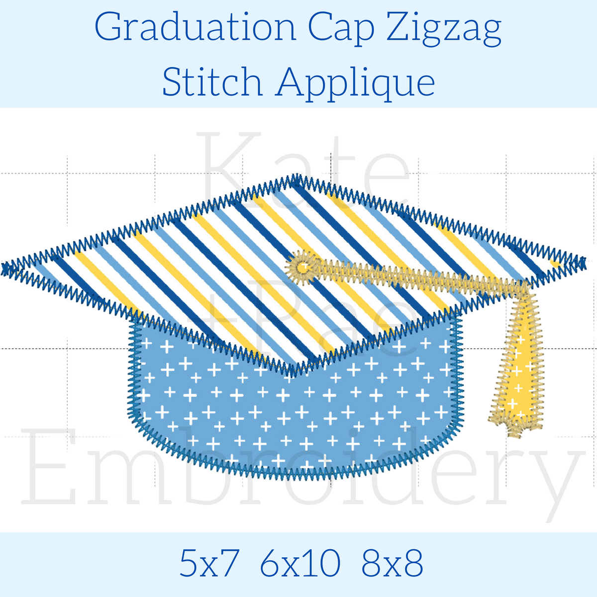 Graduation Cap Zigzag Stitch Applique Embroidery Design: Design preview of a graduation cap with a blue striped top and star print band, available in 5x7, 6x10, and 8x8