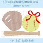 Girl's Baseball/ Softball Sketch Stitch Embroidery Design: Design preview of a sketch stitch glove, yellow softball with a red bow, and bat, available in 4x4, 5x7, 6x10, and 8x8