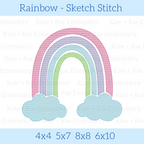 Rainbow Sketch Stitch Embroidery Design: Design preview of a pastel pink, purple, blue, and green rainbow with clouds, available in 4x4, 5x7, 8x8, and 6x10