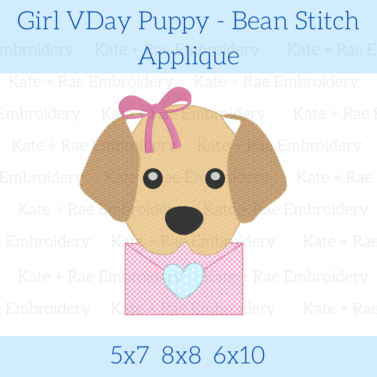 Girls Valentine's Day Puppy Bean Stitch Applique Embroidery Design: Design preview of a tan puppy with a pink bow holding a pink envelope with a heart, available in 5x7, 8x8, and 6x10