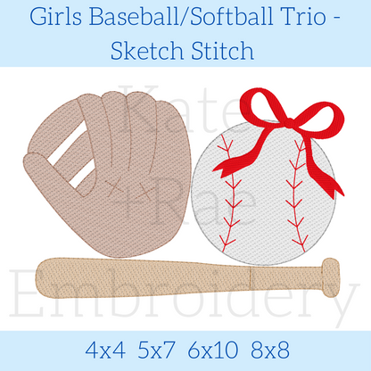 Girl's Baseball/ Softball Sketch Stitch Embroidery Design