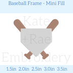 Baseball Frame Mini Fill Embroidery Design: Design preview of a small home plate frame with crossed bats, available in 1.5 to 3.5 inch sizes