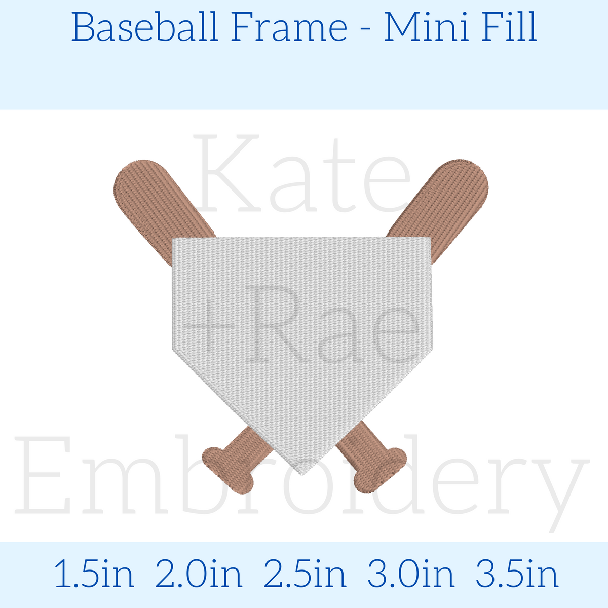 Baseball Frame Mini Fill Embroidery Design: Design preview of a small home plate frame with crossed bats, available in 1.5 to 3.5 inch sizes
