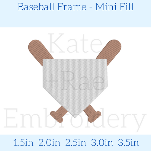 Baseball Frame Mini Fill Embroidery Design: Design preview of a small home plate frame with crossed bats, available in 1.5 to 3.5 inch sizes
