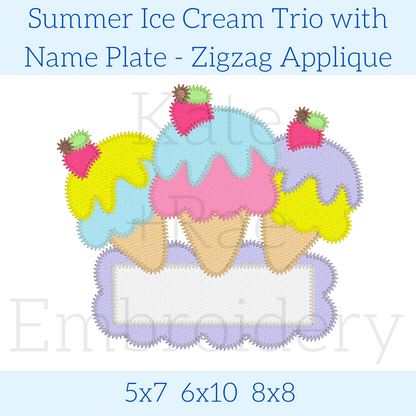 Ice Cream Trio Zigzag Applique Embroidery Design