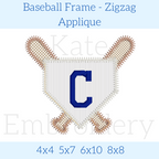 Baseball Frame Zigzag Applique Embroidery Design: Design preview of a zigzag applique home plate with crossed bats and a blue letter C, available in 4x4, 5x7, 6x10, and 8x8
