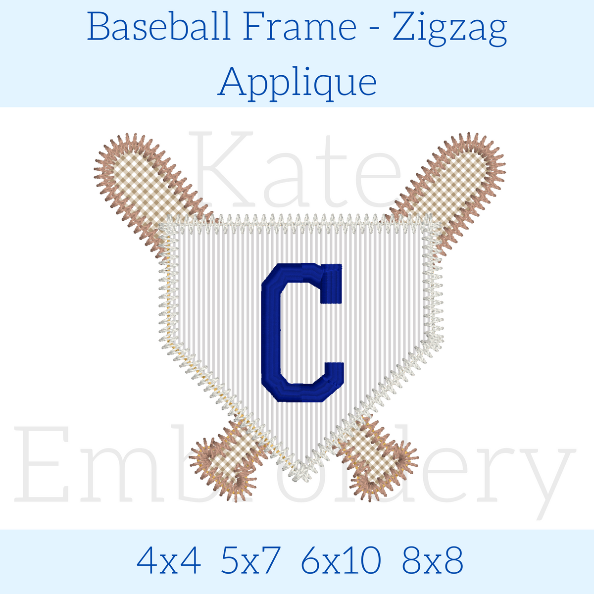 Baseball Frame Zigzag Applique Embroidery Design: Design preview of a zigzag applique home plate with crossed bats and a blue letter C, available in 4x4, 5x7, 6x10, and 8x8