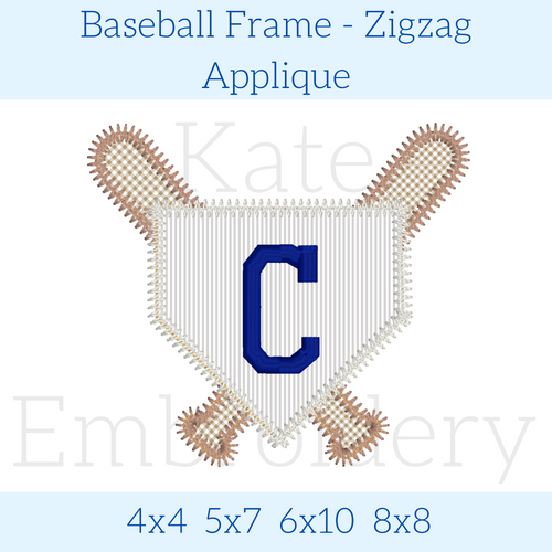 Baseball Frame Zigzag Applique Embroidery Design: Design preview of a zigzag applique home plate with crossed bats and a blue letter C, available in 4x4, 5x7, 6x10, and 8x8