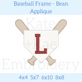 Baseball Frame Bean Stitch Applique Embroidery Design: Design preview of a bean stitch applique home plate with crossed bats and a maroon letter L, available in 4x4, 5x7, 6x10, and 8x8