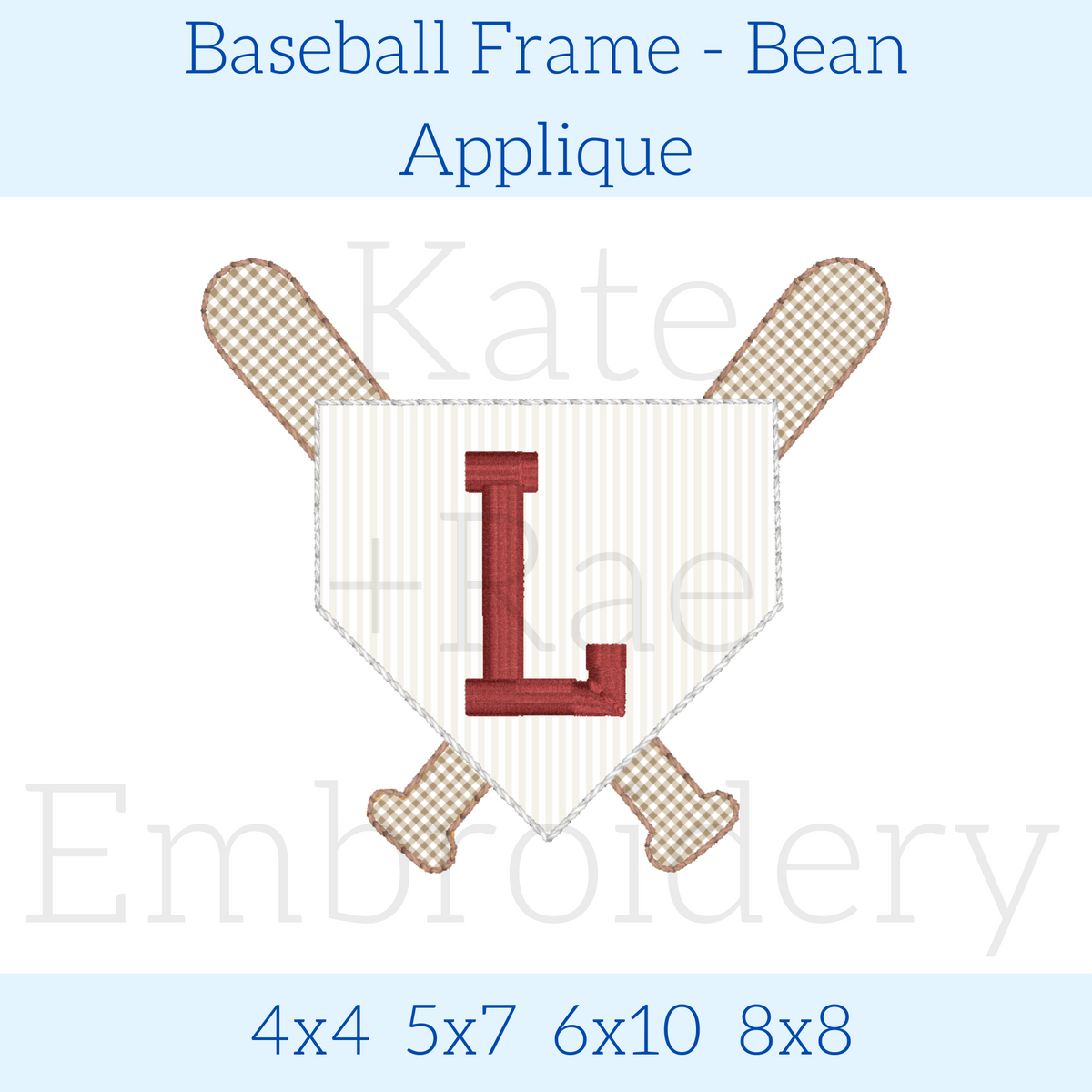Baseball Frame Bean Stitch Applique Embroidery Design: Design preview of a bean stitch applique home plate with crossed bats and a maroon letter L, available in 4x4, 5x7, 6x10, and 8x8