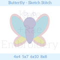Butterfly Sketch Stitch Embroidery Design: Design preview of a pastel sketch stitch butterfly with blue, pink, and yellow wings, available in 4x4, 5x7, 6x10, and 8x8
