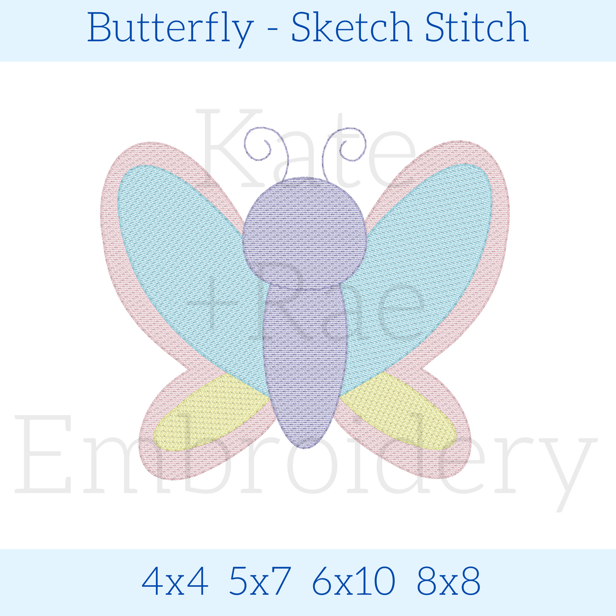 Butterfly Sketch Stitch Embroidery Design: Design preview of a pastel sketch stitch butterfly with blue, pink, and yellow wings, available in 4x4, 5x7, 6x10, and 8x8