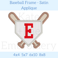 Baseball Frame Satin Stitch Applique Embroidery Design: Design preview of a satin stitch applique home plate with crossed bats and a red letter E, available in 4x4, 5x7, 6x10, and 8x8