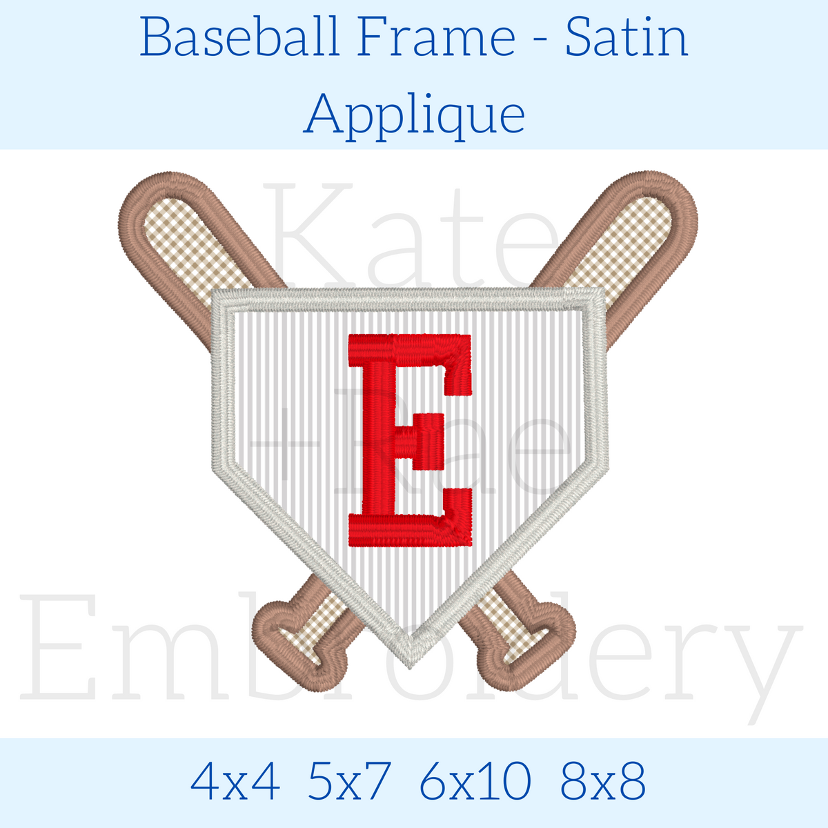 Baseball Frame Satin Stitch Applique Embroidery Design: Design preview of a satin stitch applique home plate with crossed bats and a red letter E, available in 4x4, 5x7, 6x10, and 8x8