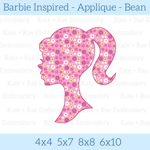 Barbie Inspired Head Bean Stitch Applique Embroidery Design: Design preview of a pink floral applique silhouette of a girl with a high ponytail, available in 4x4, 5x7, 8x8, and 6x10
