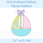 Girl's Scalloped Sailboat Zigzag Applique Embroidery Design: Design preview of a scalloped sailboat with a lavender bow, floral and pink sails, and an aqua hull, available in 5x7, 6x10, and 8x8