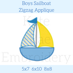 Boy's Sailboat Zigzag Applique Embroidery Design: Design preview of a sailboat with blue striped and yellow sails and a blue gingham hull, available in 5x7, 6x10, and 8x8