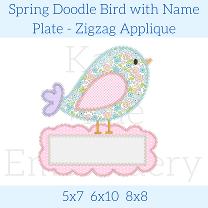 Spring Doodle Bird with Name Plate Zigzag Applique Embroidery Design