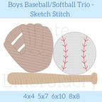 Boy's Baseball Sketch Stitch Embroidery Design: Design preview of a sketch stitch glove, baseball, and bat, available in 4x4, 5x7, 6x10, and 8x8