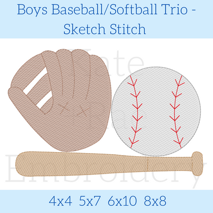 Boy's Baseball Sketch Stitch Embroidery Design