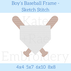Boy's Baseball Frame Sketch Stitch Embroidery Design: Design preview of a sketch stitch home plate frame with crossed bats, available in 4x4, 5x7, 6x10, and 8x8