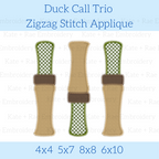 Duck Call Zigzag Applique Embroidery Design: Design preview of three zigzag applique duck calls in tan and green gingham, available in 4x4, 5x7, 8x8, and 6x10
