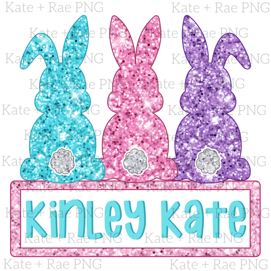 Girls Glitter Easter Bunny Faux Applique with Name Plate PNG