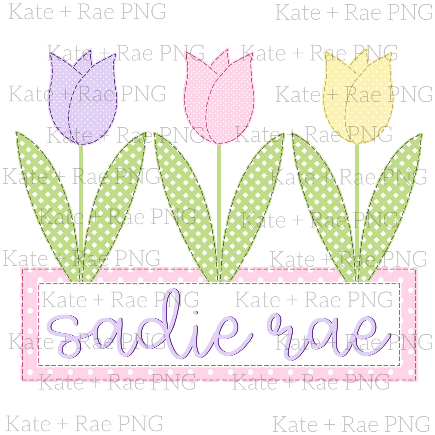 Girl's Spring Tulip Garden Faux Applique with Name Plate PNG