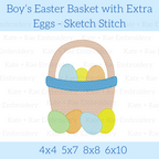 Boy's Easter Basket with Extra Eggs Sketch Stitch Embroidery Design: Design preview of an Easter basket with a blue band and pastel eggs inside and in front, available in 4x4, 5x7, 8x8, and 6x10