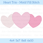 Heart Trio Motif Fill Stitch Embroidery Design: Design preview of three pink motif fill hearts in a row, available in 4x4, 5x7, 8x8, and 6x10