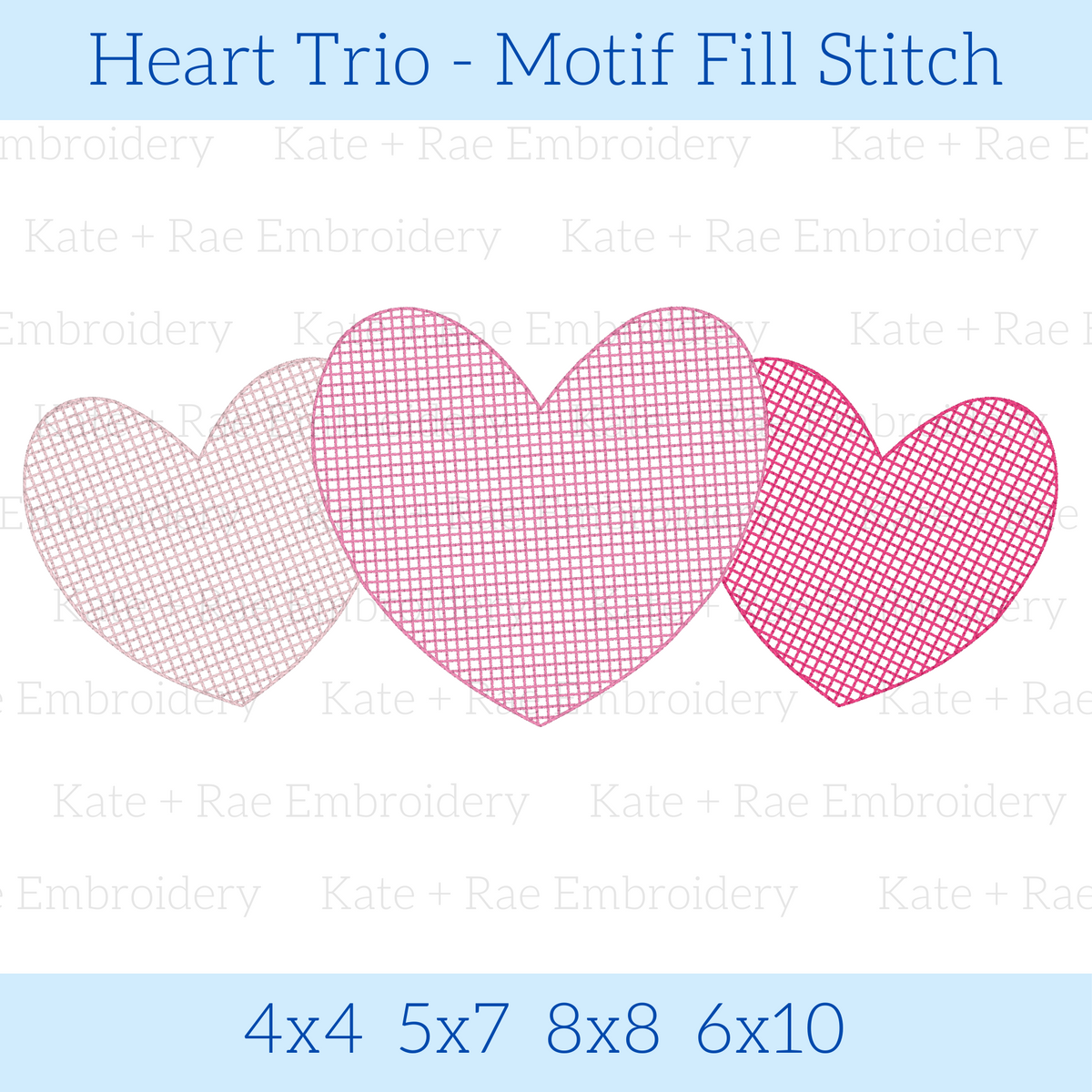 Heart Trio Motif Fill Stitch Embroidery Design: Design preview of three pink motif fill hearts in a row, available in 4x4, 5x7, 8x8, and 6x10
