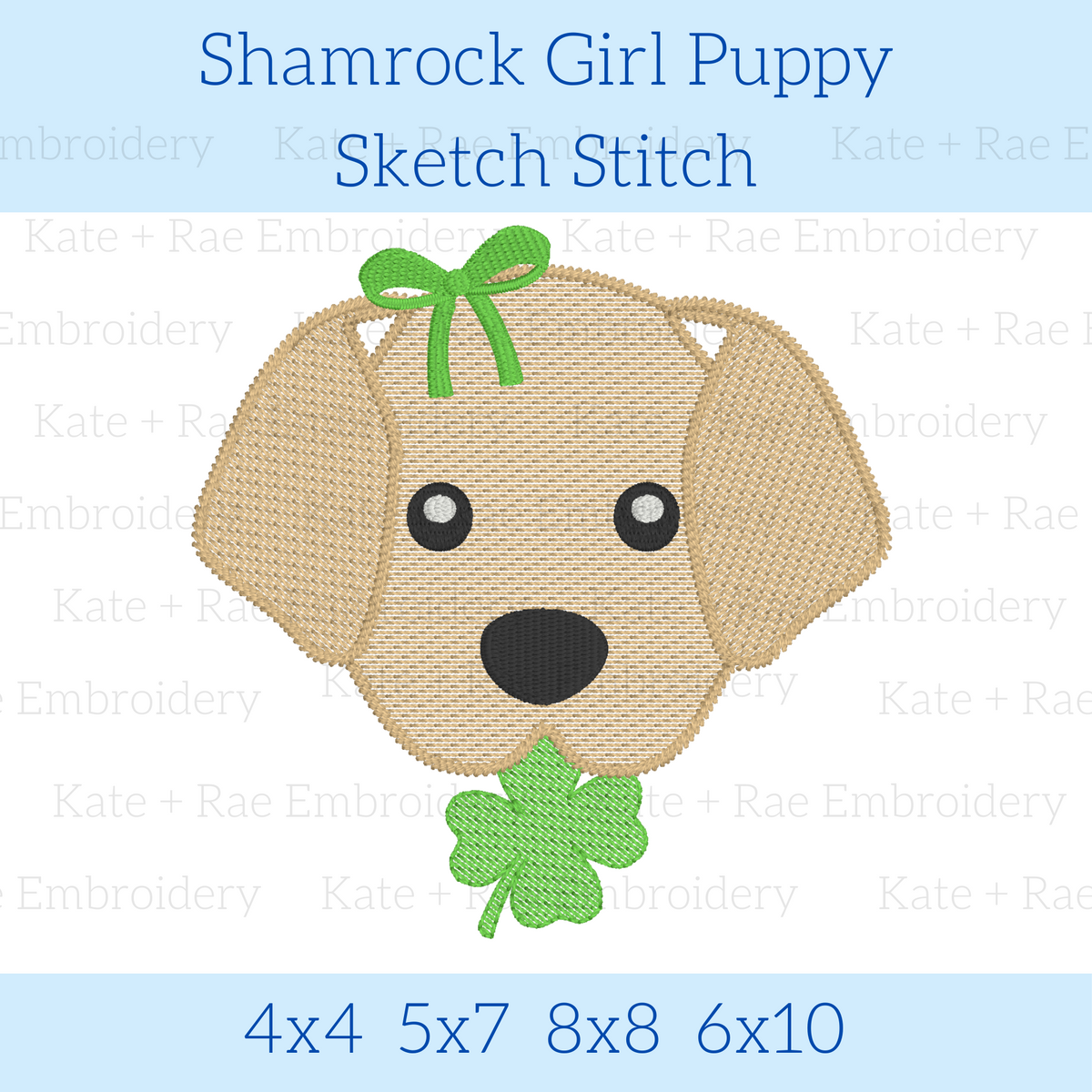 Girls St. Patrick's Day Puppy Dog Sketch Stitch Embroidery Design: Design preview of a tan sketch stitch puppy with a green bow holding a shamrock, available in 4x4, 5x7, 8x8, and 6x10