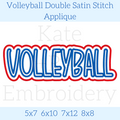 Volleyball Double Satin Stitch Applique Embroidery Design: Design preview of the word VOLLEYBALL in blue letters with a white and red double outline, available in 5x7, 6x10, 7x12, and 8x8