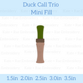 Duck Call Mini Fill Embroidery Design: Design preview of a small duck call in green and brown, available in 1.5 to 3.5 inch sizes