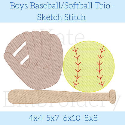 Boy's Baseball Sketch Stitch Embroidery Design