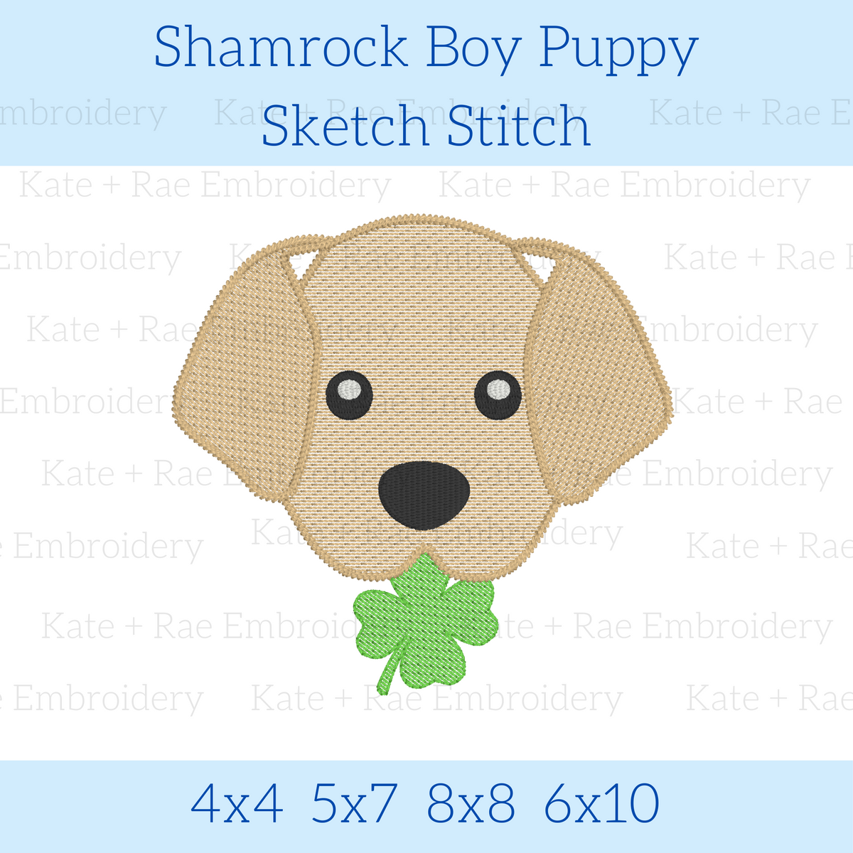 Boys St. Patrick's Day Puppy Dog Sketch Stitch Embroidery Design: Design preview of a tan sketch stitch puppy holding a green shamrock, available in 4x4, 5x7, 8x8, and 6x10